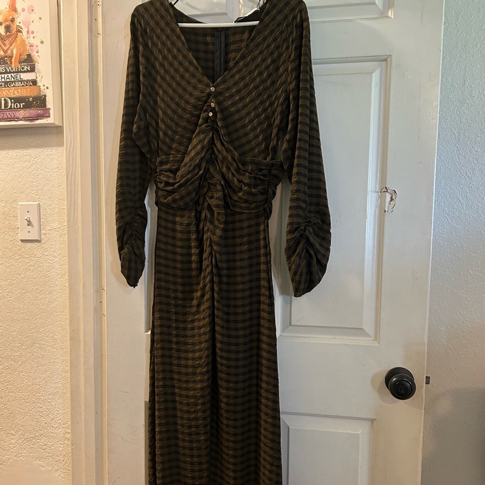 Zara Olive Plaid Ruched Maxi Dress